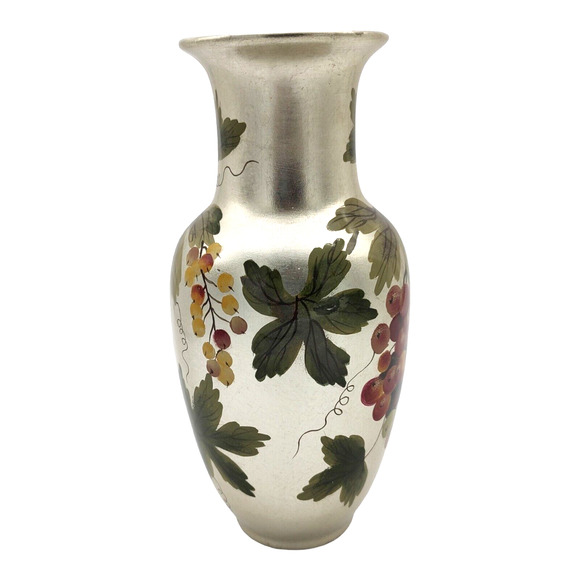 Andrea by Sadek 1970s Handpainted Ceramic Silver Vase Grapes and Leaves (b) - Picture 6 of 11